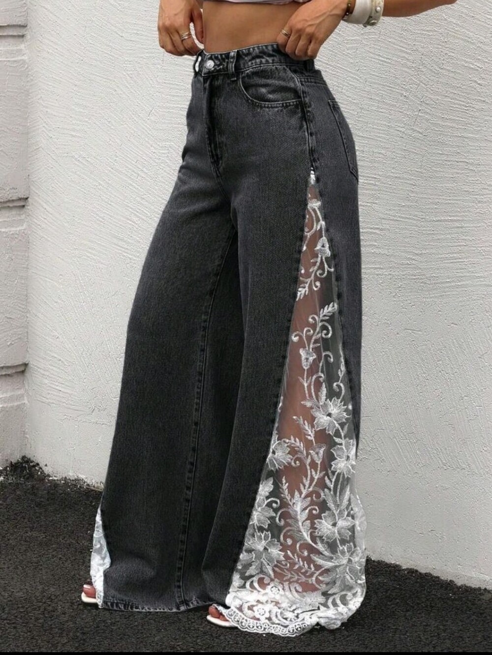 NEW Lace Patchwork Loose Transparent Denim Pants